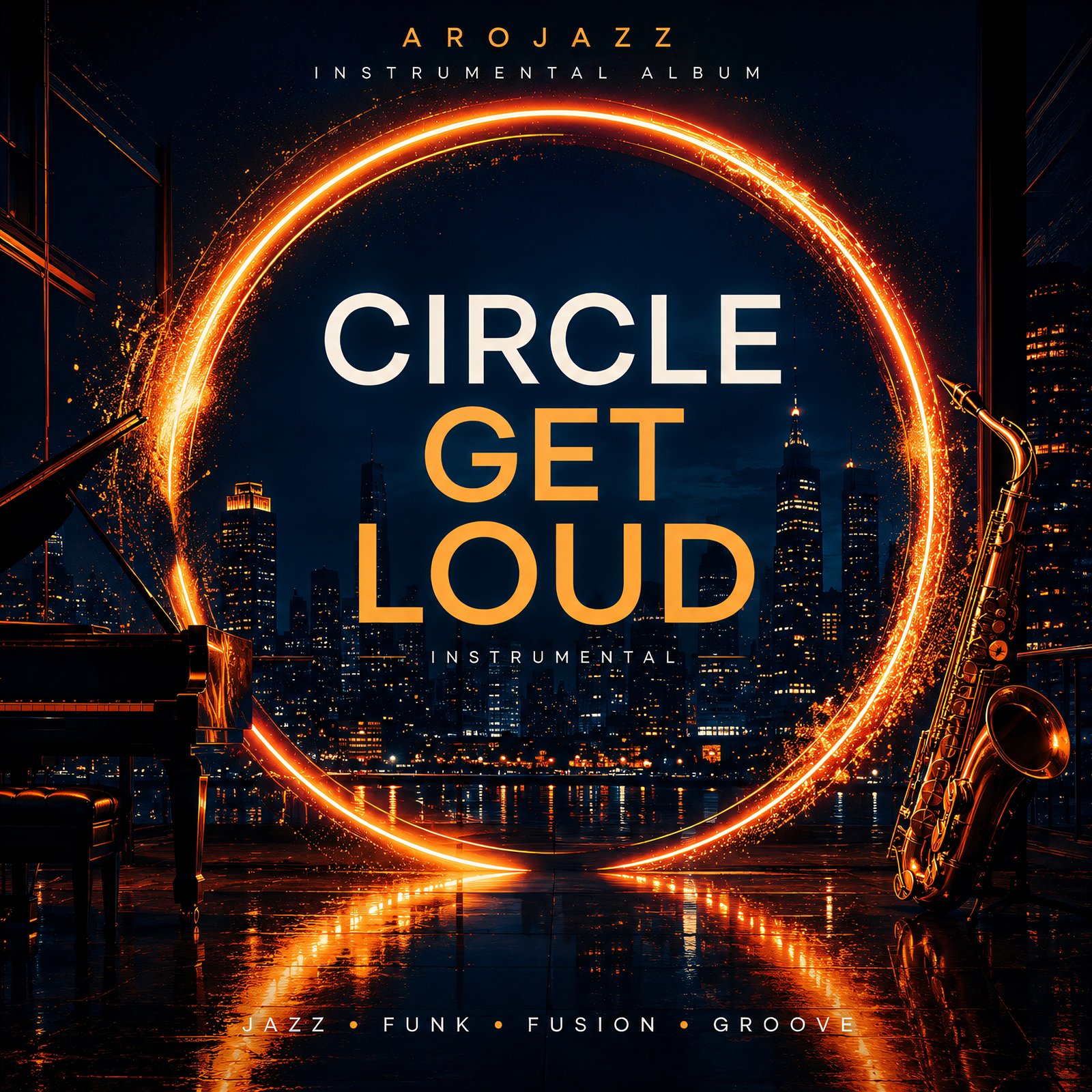 Circle Get Loud cover artwork with a glowing ring, skyline and saxophone