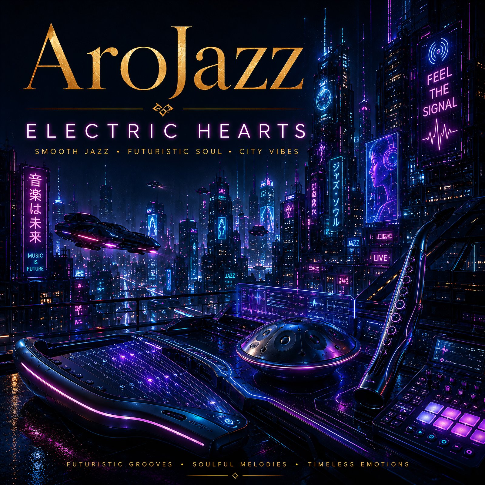 Electric Hearts cover artwork with a futuristic night city