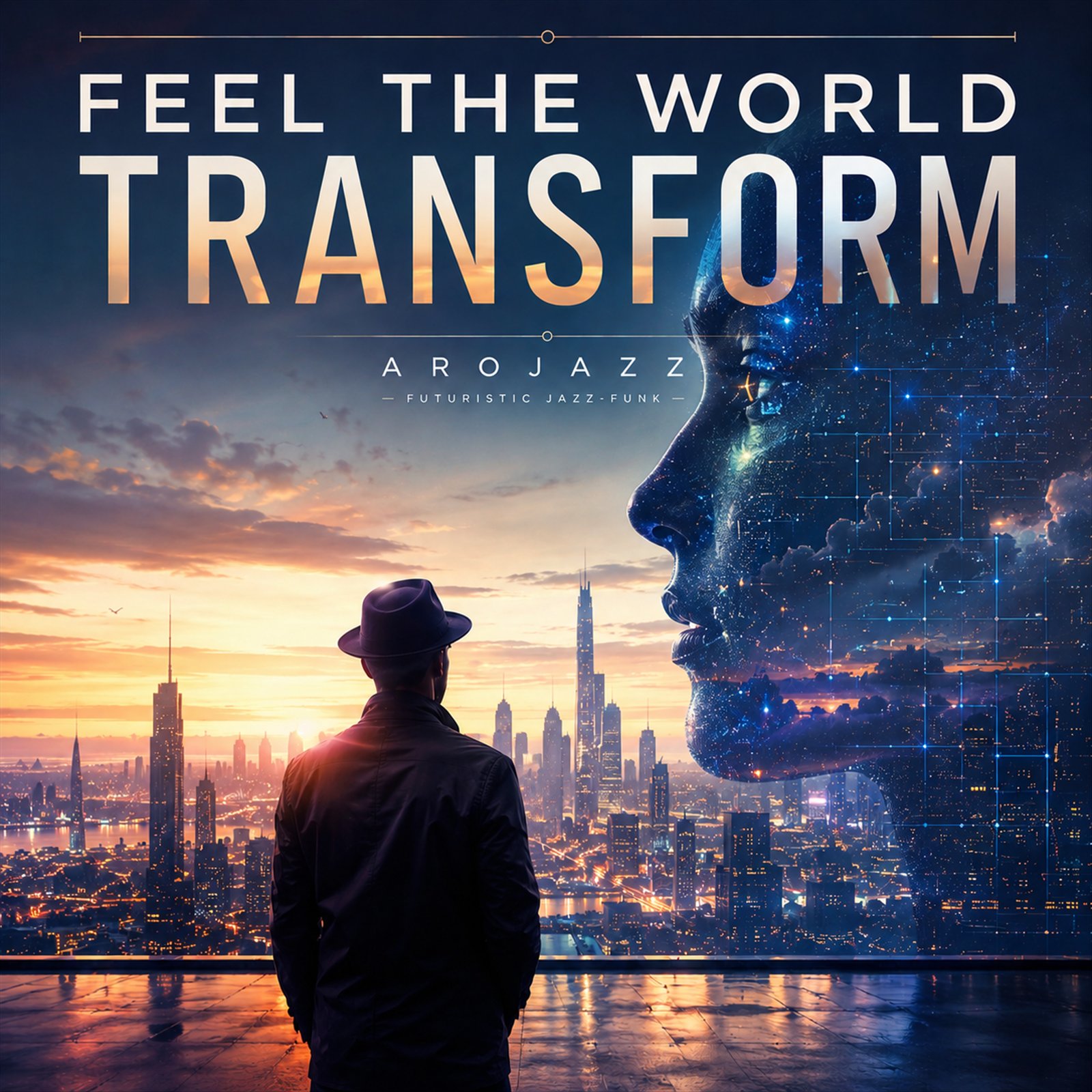 Feel the World Transform cover artwork with a figure overlooking a future city