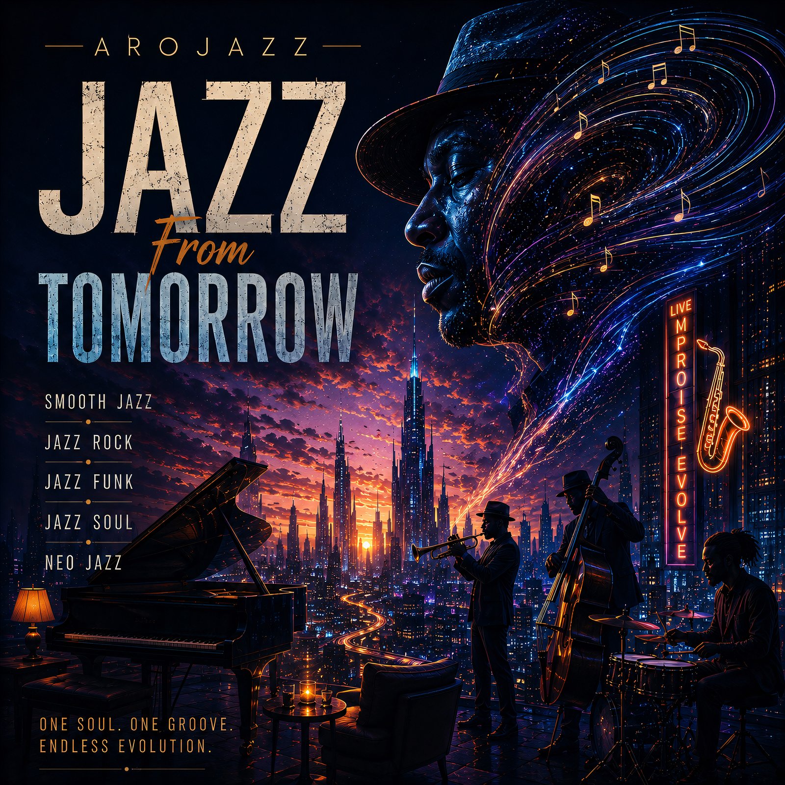 Jazz from Tomorrow cover artwork with musicians and a futuristic skyline