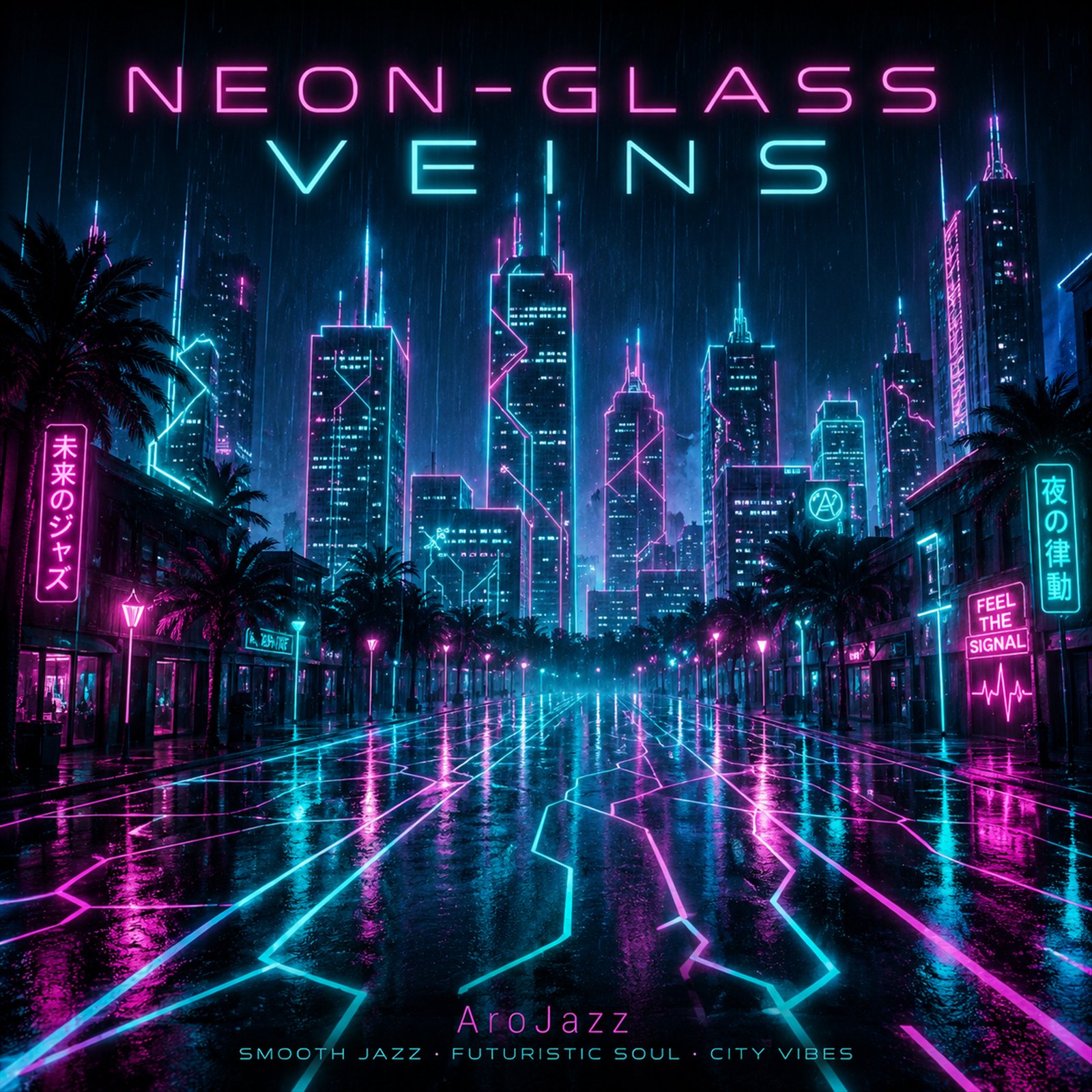 Neon-Glass Veins cover artwork with a luminous city reflected on a wet street