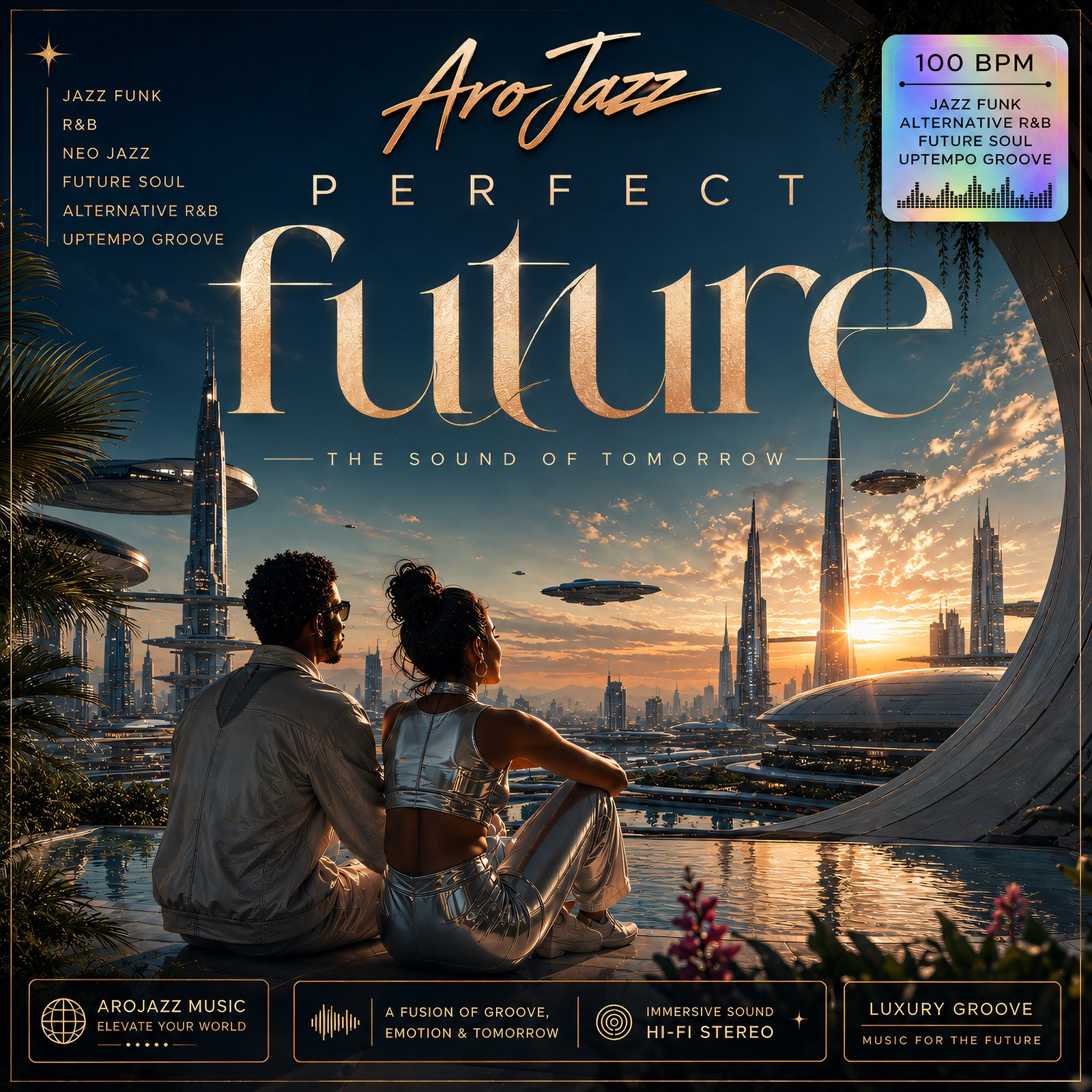 Perfect Future cover artwork with two people overlooking a golden future city
